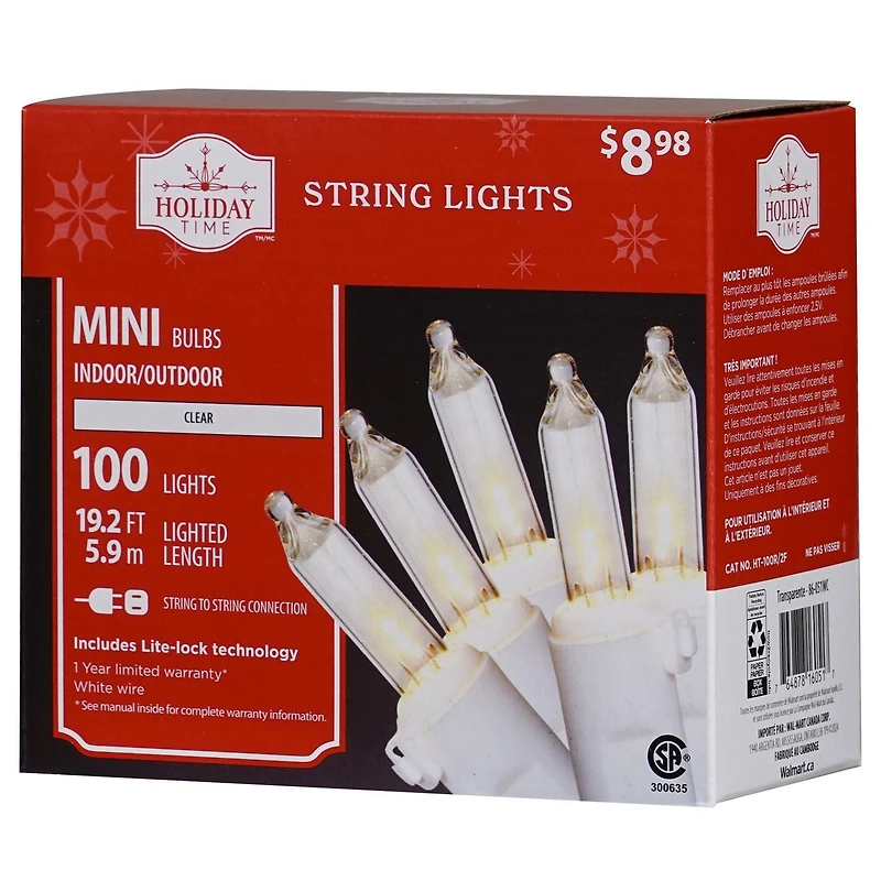 Mini guirlandes de Noël lumineuses dotées de 100 ampoules à incandescence de 19,2 pieds, transparentes, avec fil blanc Holiday Time Espace entre les ampoules de 3,25 po (8,2 cm)
