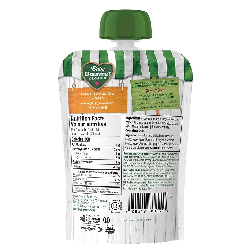 Baby Gourmet Organic Puree Mango Avocado & Oats, Puree - 128 mL
