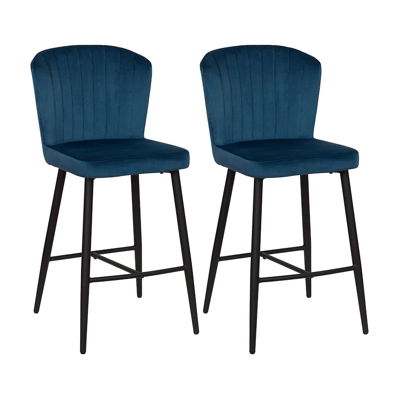 CorLiving Jasper Set of 2 Modern Upholstered Indoor Counter Height Bar Stools with Channel Tufted High Backs and Metal Legs