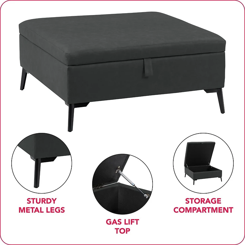 CorLiving Linden Black Upholstered Square Storage Ottoman with Metal Legs