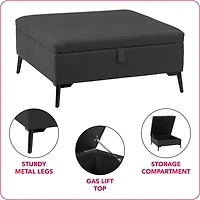 CorLiving Linden Black Upholstered Square Storage Ottoman with Metal Legs