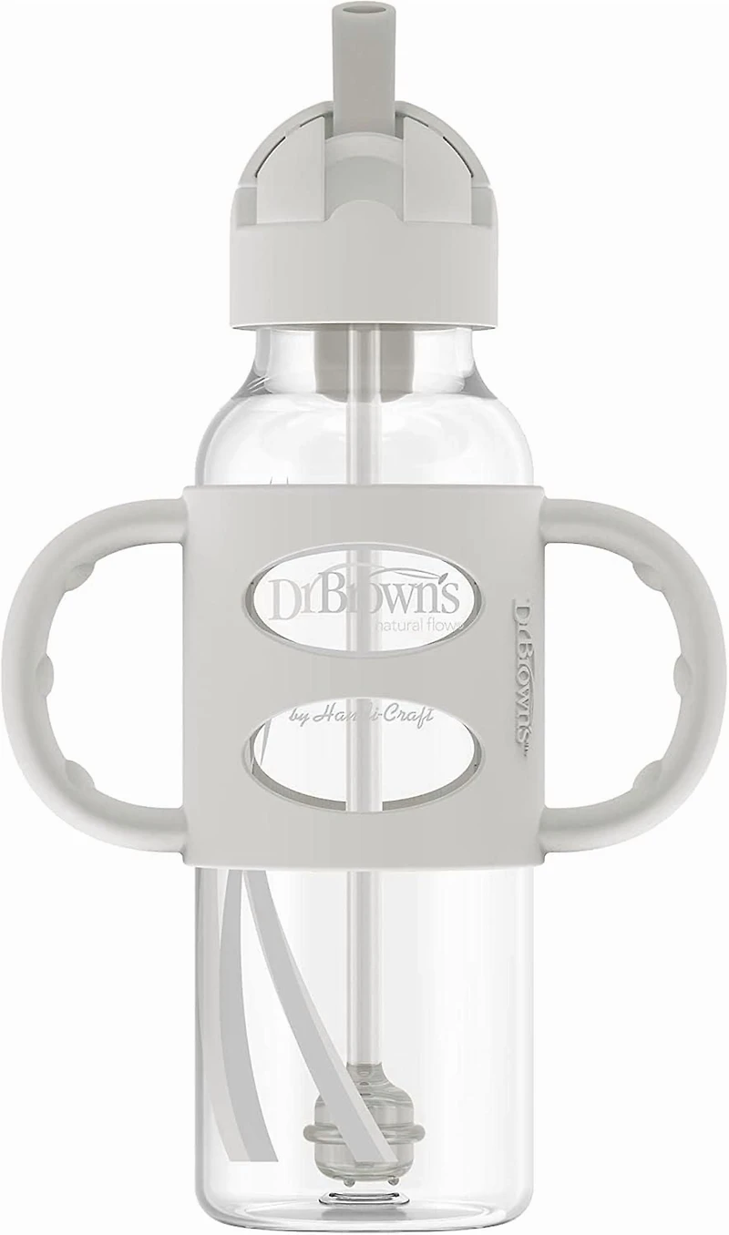 Dr. Brown's Milestones Narrow Sippy Straw Bottle, Spill-Proof with 100% Silicone Handles, Gray/Blue, 6m+, 2x8oz Bottles