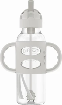 Dr. Brown's Milestones Narrow Sippy Straw Bottle, Spill-Proof with 100% Silicone Handles, Gray/Blue, 6m+, 2x8oz Bottles