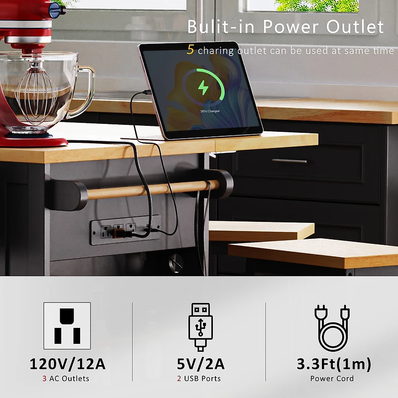 Noble House 53inch Large Kitchen Island with 2 Bar Stools, Power Outlet,Black