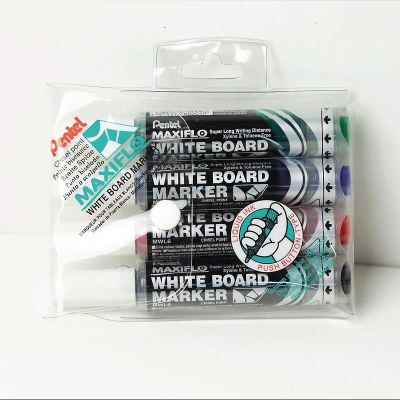 Marqueur pour tableaux blancs, encre liquide. Pointe biseautée. Paquet 4; Noir, Bleu, Rouge, Vert