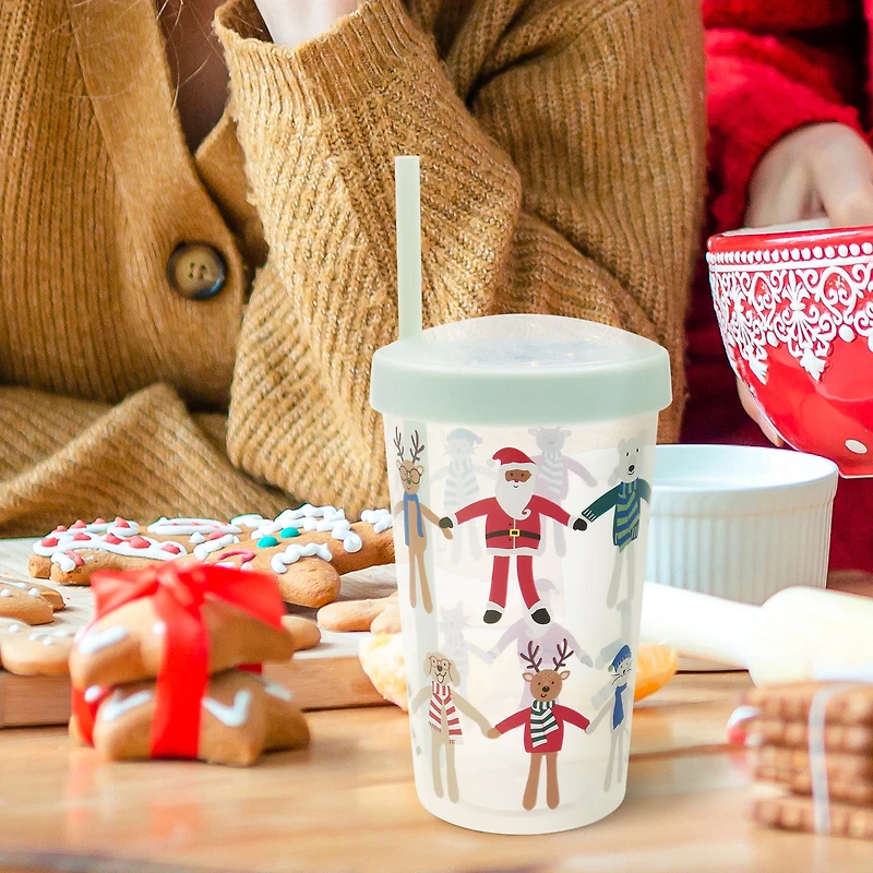 Holiday Time Christmas Santa with Friends Plastic Tumbler with Straw, Blue Glitter Lid, Partyware, <ul><li>Holiday Time Christmas Santa with Friends Plastic Tumbler with Straw, Blue Glitter Lid</li><li>Featuring a cheerful blue design with Santa Claus is holding hands by his friends</li><li>Lightweight and reusable</li></ul>