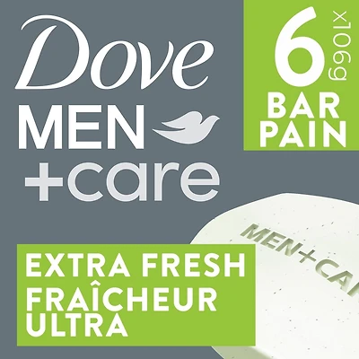 Dove Men+Care Refreshing Extra Fresh Bar Soap Formulated for Men's Skin, 3-N-1 Hand & Body + Face + Shave Bar Soap, with ¼ Moisturizing Cream, 106g (pack of 6 bars)