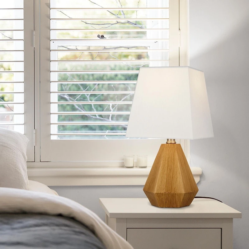 Home Trends 13.6" Geometric Wood Finish Accent Lamp with Square White Linen Shade, Modern 7" W x 13.6" H Accent Lamp