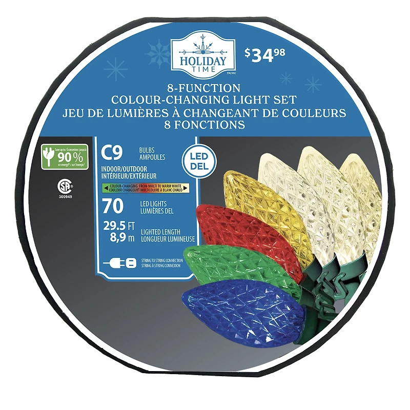 Guirlandes lumineuses de Noël à 70 lumières à DEL C9 à changement de couleur, taille diamant, multicolores à blanc chaud