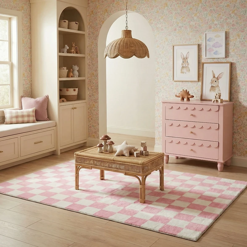 Tapis de surface Géométrique Rug Branch Metro Checkered Blush 8' x 11' (Taille exacte: 7'7" 10'10") Rose Contemporain - Living Room, Bedroom, Dining and Kitchen