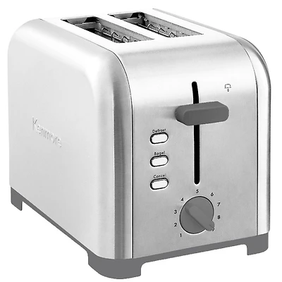 Kenmore 2-Slice Stainless Steel Toaster, Silver & Grey, Extra Wide Slots, Bagel & Defrost Functions