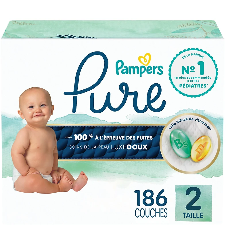 Couches pour bébés Pampers Pure, taille 2 ( à [12 lb à 18 lb]), jusqu’à 100 % sans fuites, couches douces hypoallergéniques haut de gamme