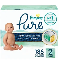 Couches pour bébés Pampers Pure, taille 2 ( à [12 lb à 18 lb]), jusqu’à 100 % sans fuites, couches douces hypoallergéniques haut de gamme