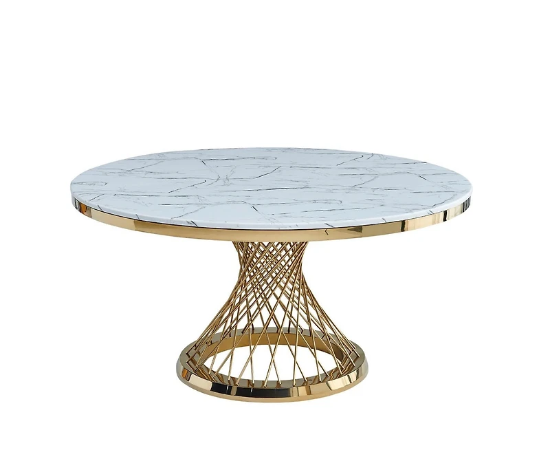 Table de salle à manger Corydon Gold avec plateau en faux marbre et structure en acier inoxydable
