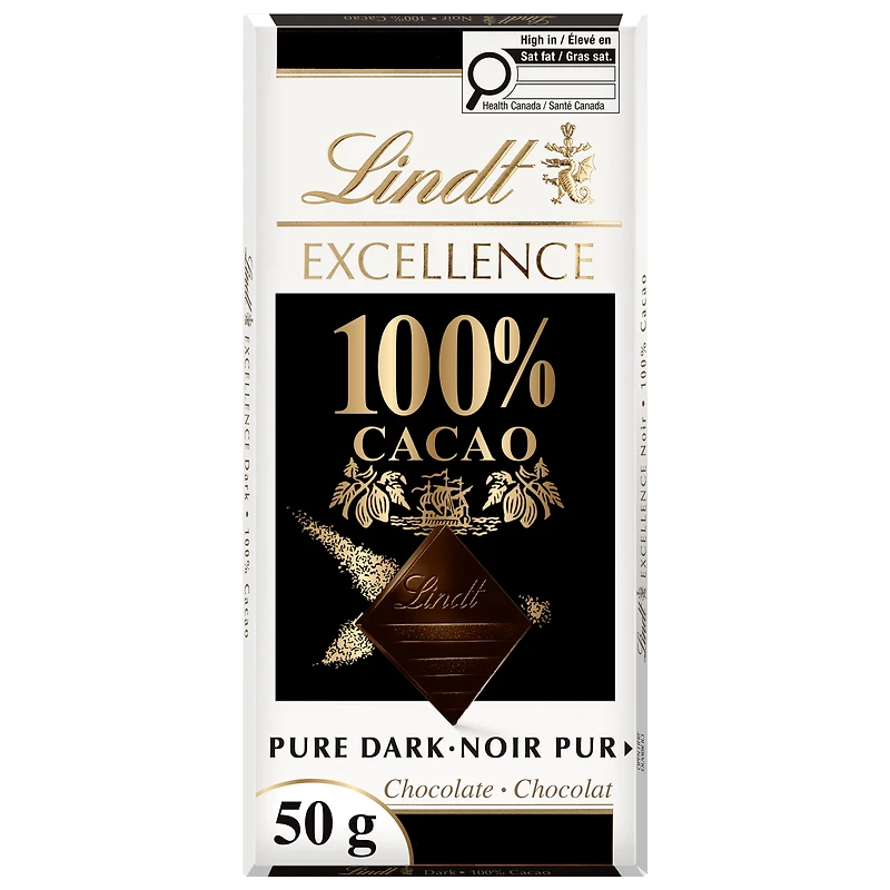 Lindt EXCELLENCE 100% Cacao Dark Chocolate Bar, 50 Grams, Contains 100% cacao