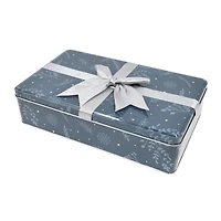 Boîte cadeau rectangulaire en étain avec nœud botanique bleu de Noël Holiday Time, grande taille, 10,2 x 6,3 x 2,5 pouces, 1 unité