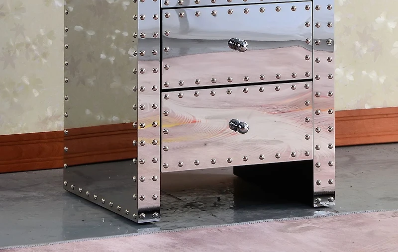 Table de nuit en acier inoxydable, miroir, 3 tiroirs. Idéal pour les salons et les chambres.
