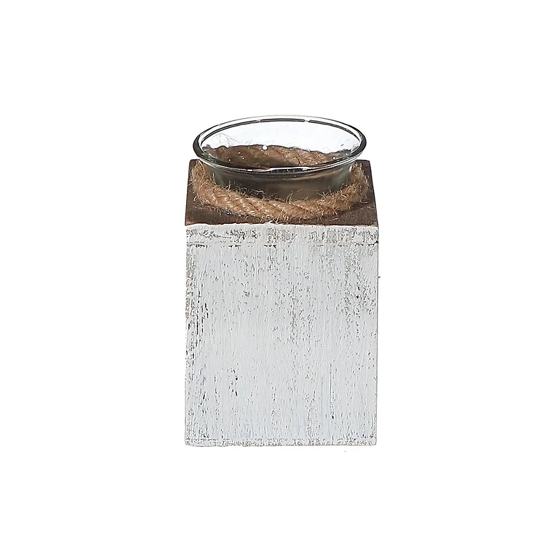 IH Casa Decor White Wooden Tealight Candle Holder With Rope 4.75"