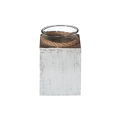 IH Casa Decor White Wooden Tealight Candle Holder With Rope 4.75"