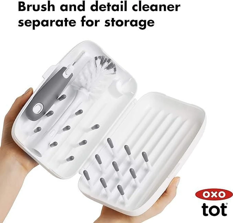 OXO Tot - On-the-Go Drying Rack with Bottle Brush - All-in-One Portable Solution for Cleaning and Drying Baby Bottles, Pump Parts and More - Grey