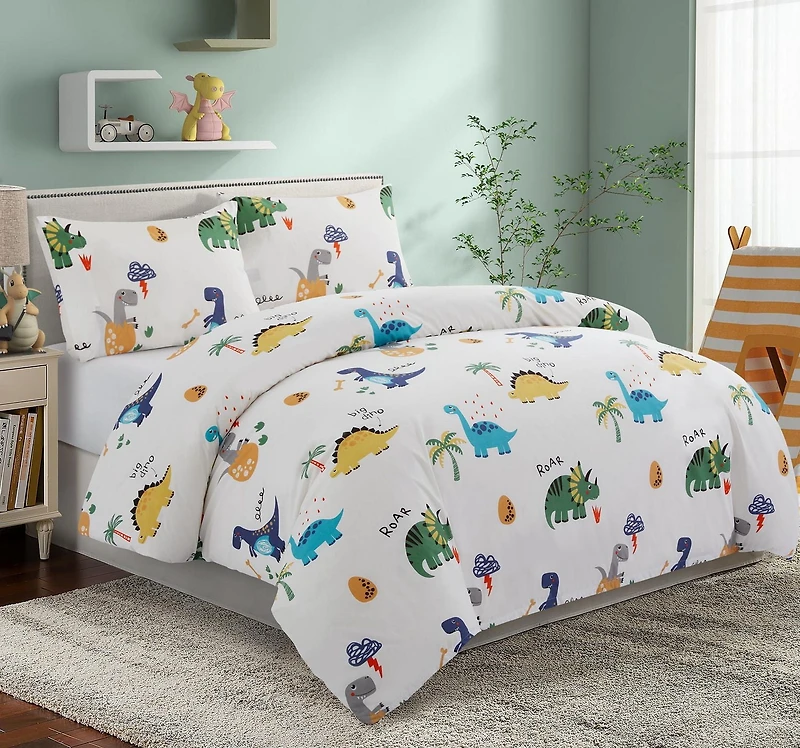 Marina Decoration Kids Boys Toddlers Cute Printed 600 Thread Count Soft Cotton Blend Percale Duvet Cover Set with Corner Tie and Zipper, Cartoon Dinosaur Zoo Dino Pattern