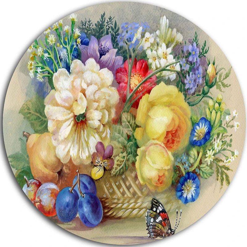 Art mural en métal Design Art Bouquet de fleurs et de fruits ultra brillant en cercle