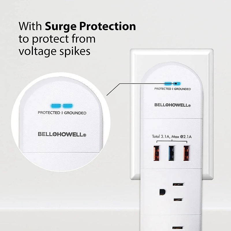 Bell + Howell Swivel Power with Surge Protection, 6 Power Outlets, 3 USB Ports, and Swivel Rotation, Power charging station