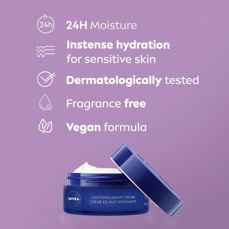 NIVEA crème de nuit apaisante avec FPS 15 24h d'hydratation pour peaux sensibles 50 ml