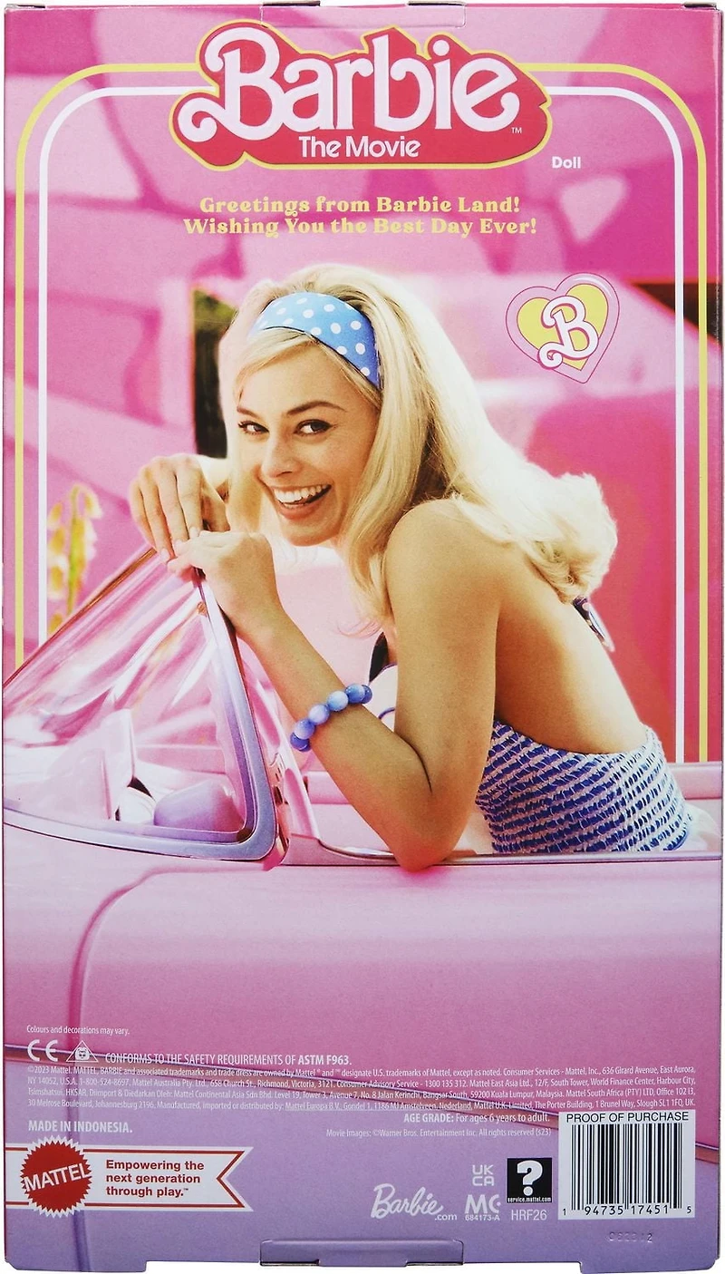 Poupée du film «Barbie», Margot Robbie dans le rôle de Barbie, poupée de collection vêtue d’une tenue à carreaux bleus avec chapeau et blouson assortis