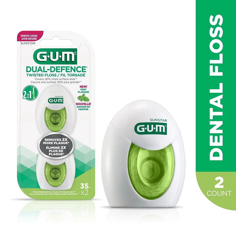 GUM® Dual-Defence Twisted Dental String Floss, Removes plaque while covering 30% more surface area with mint flavour