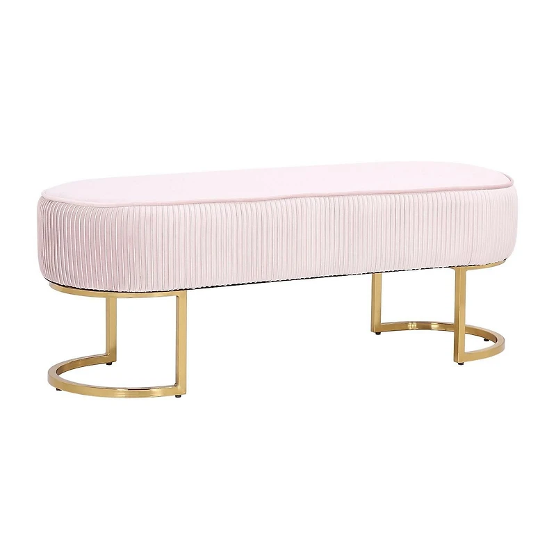 Banc Elinor, banc en velours, banc ovale en velours, banc ovale avec pieds dorés, banc sans dossier, repose-pieds en velours bleu, banc de chambre à coucher, banc d'entrée, banc de salon