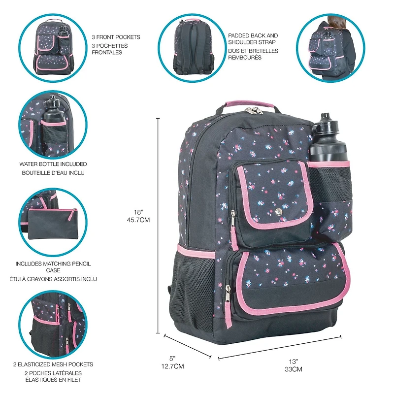 Jetstream Ensemble de sac à dos trois pièces Sac à dos pour l'école, bouteille d'eau et étui