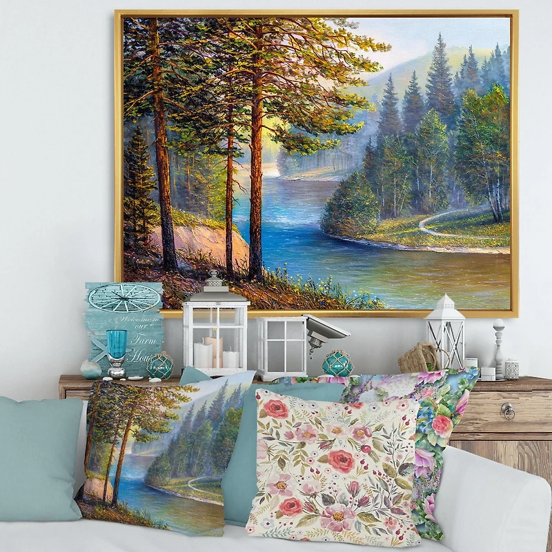 Designart Morning Sunlight Through The Pine & Fir Forest FLOAT FRAME WALL ART