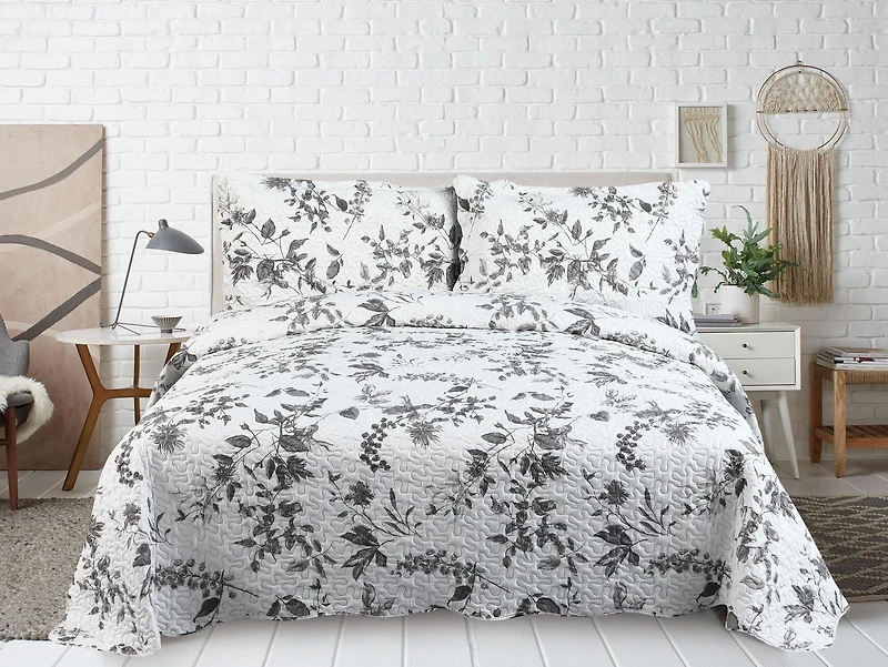 Marina Decoration Parure de lit ultra douce avec couvre-lit en tissu Pinsonic imprimé en relief et taies d'oreiller, motif branches florales de chrysanthème gris