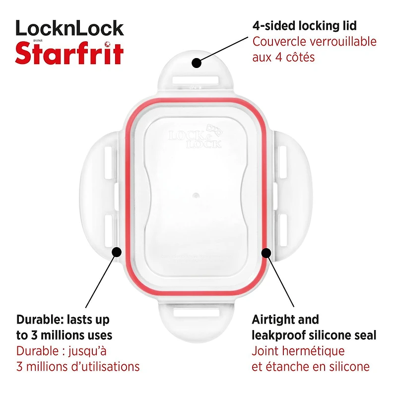 Starfrit LocknLock Plastic Bento Lunch Container - Removable Divider - 34oz/1L - Airtight & Leakproof - 4-Sided Locking Lid, Nestable and stackable