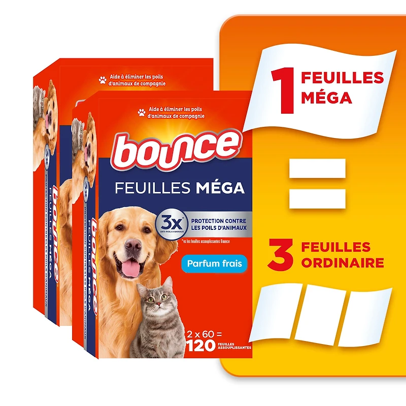 Feuilles assouplissantes méga Bounce Anti-poils d’animaux et anti-peluches avec 3 fois les anti-poils d’animaux, parfum Frais 120 feuilles
