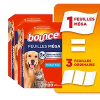Feuilles assouplissantes méga Bounce Anti-poils d’animaux et anti-peluches avec 3 fois les anti-poils d’animaux, parfum Frais 120 feuilles