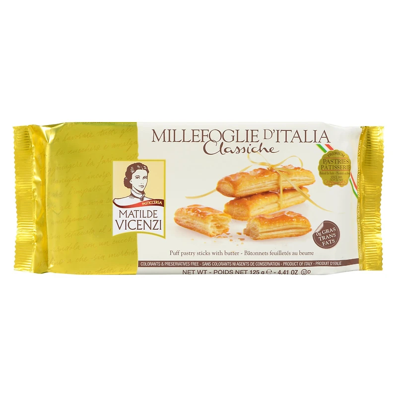 Vicenzi Baked Flaky Fine Sugar Icing Butter Coated Puff Pastry Sticks 125G, These crispy, light and delicate puff pastry are covered in a delicious glaze with a delicate apricot finish: just impossible to resist. Perfect to indulge your sweet tooth any time of day, our Iced Puff Pastry Sticks will seduce even the most sophisticated palates.