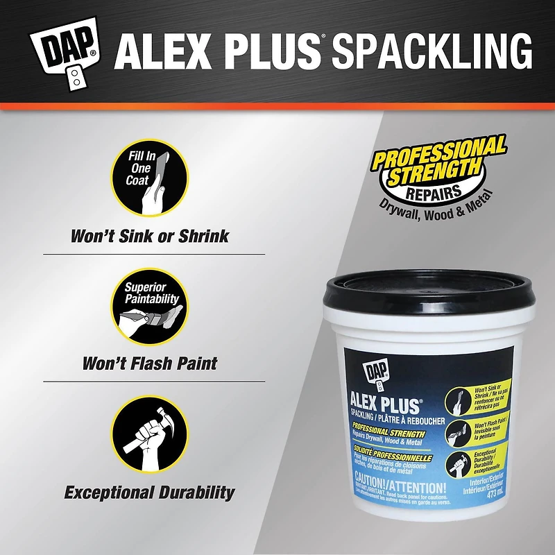 DAP Canada Alex plus Spackling 237ml, Professional Strength.Repairs Drywall, Wood&Metal