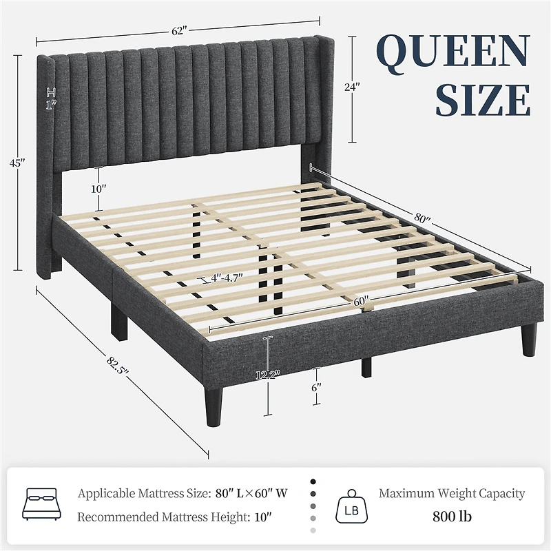 Fullfurnique Upholstered Bed Frame with Wing Side and Channel Headboard, Queen, Dark Gray