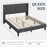 Fullfurnique Upholstered Bed Frame with Wing Side and Channel Headboard, Queen, Dark Gray