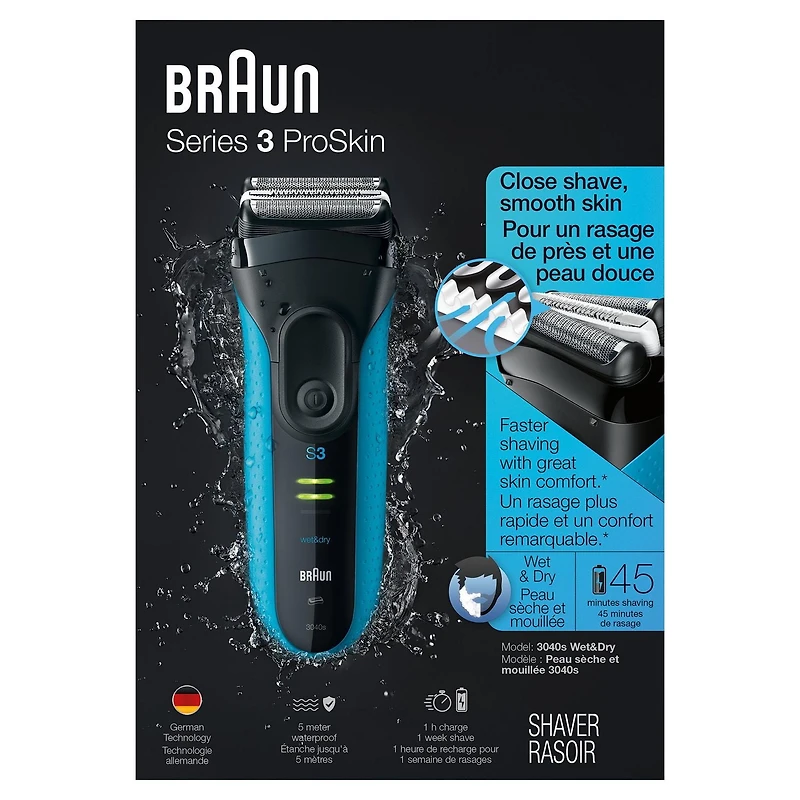 Rasoir électrique Braun Series 3 Proskin Shave&Style 3 en 1, peau sèche et mouillée pour hommes, rechargeable et sans cordon, noir/bleu 1CT