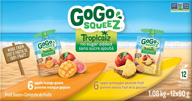 GoGo squeeZ Tropicalz Fruit Sauce Variety Pack, Mango Guava, Pineapple Passion Fruit, No Sugar Added. 90g per pouch, Pack of 12, 1.08kg
