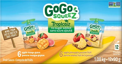 GoGo squeeZ Tropicalz Fruit Sauce Variety Pack, Mango Guava, Pineapple Passion Fruit, No Sugar Added. 90g per pouch, Pack of 12, 1.08kg
