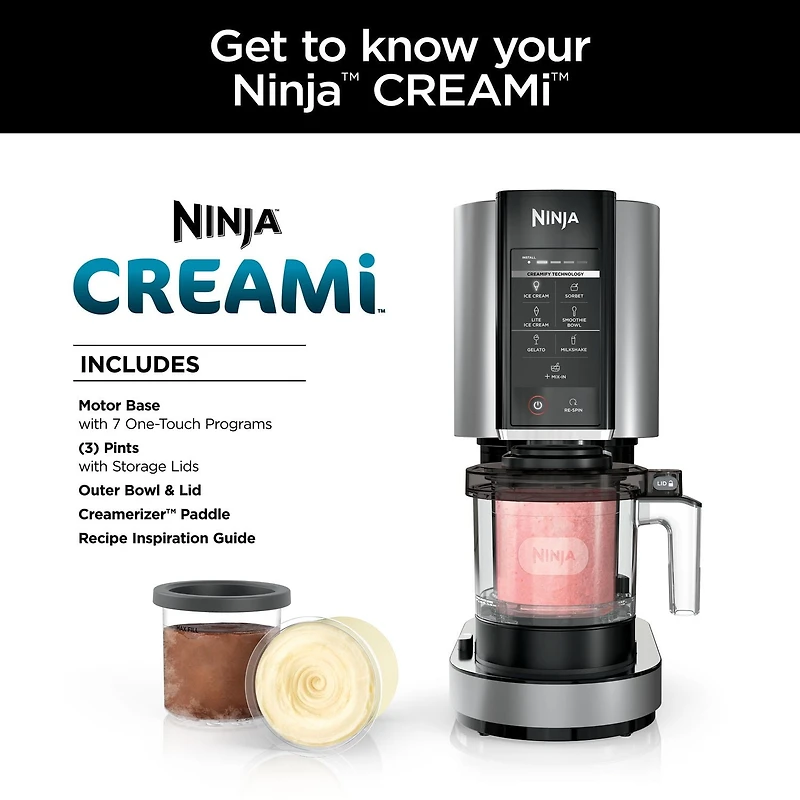 Ninja CREAMi, NC301C, Ice Cream, Gelato, Milkshake, Sorbet, Smoothie Bowl, and Lite Ice Cream Maker, 7 One-Touch Programs, 800W, Silver, Ice cream, 16 oz