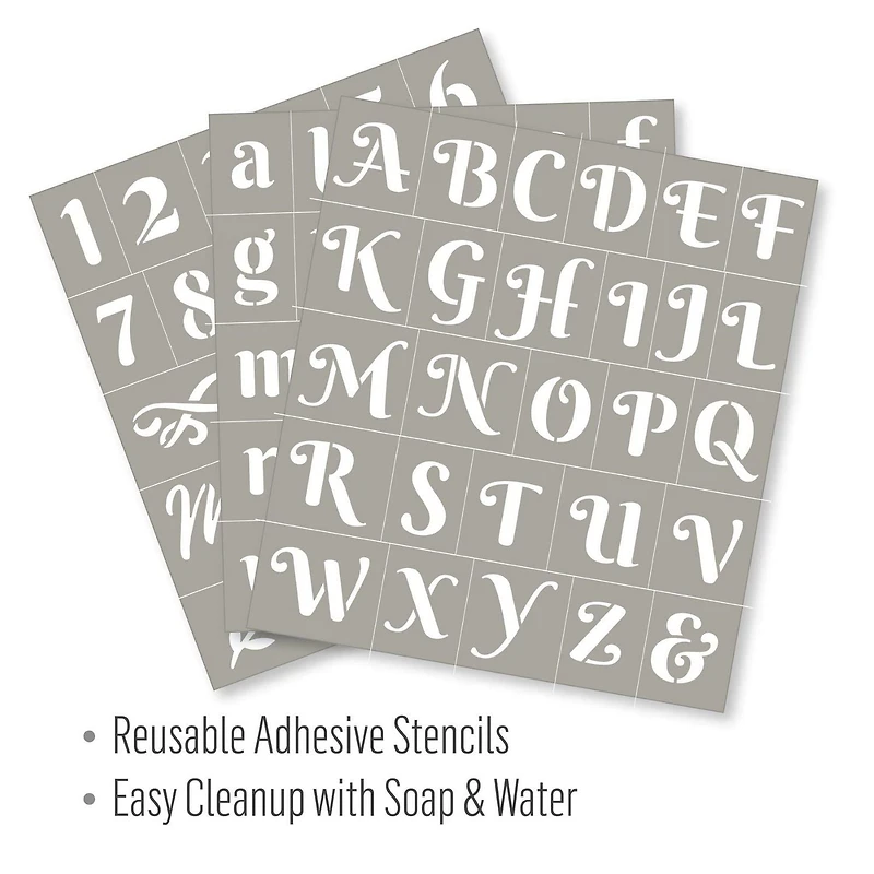 FolkArt Reusable Adhesive Letter & Number Stencil Set, 8.5" x 9.5", Script Font, 3 Pieces