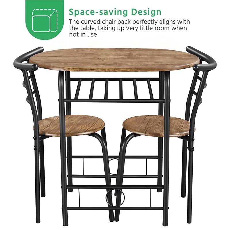 Fullfurnique Modern 3-piece Round Dining Table and 2 Chairs Set with Steel Legs, Brown