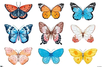 Watercolor Butterflies Wall Poster, 22.375" x 34"