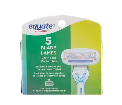 Equate 5 Blade Razor Refills for Women, Sensitive Skin, Pack of 4 Refills