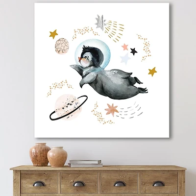 Designart Petit Pingouin Volant Étoiles et Planètes II Art mural sur toile